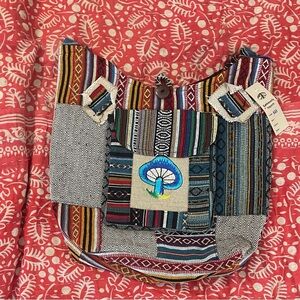 Multicolor handmade Boho Patchwork Shoulder Bag with Embroidered Mushroom(NWT)